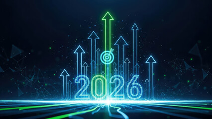 Fototapeta premium Glowing 2026 digits surrounded by upward blue and green arrows, symbolizing growth, progress, and digital innovation for the new year and markets.