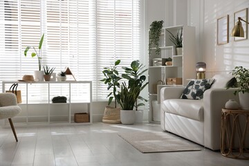 Comfortable sofa, other furniture and green houseplants indoors. Interior design