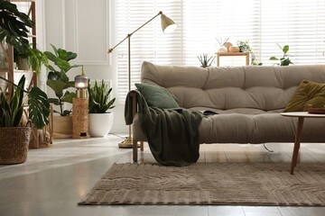 Stylish living room with sofa and houseplants. Interior design