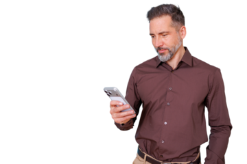Man looking down at smartphone, checking social media, receiving information, browsing, communicating on transparent background