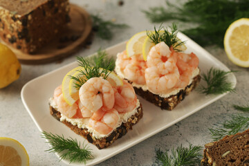 Rejemad sandwiches - traditional sandwiches with shrimps, traditional dish of Danmark  
