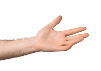 Man holding something on white background, closeup