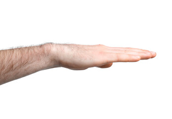 Man showing palm on white background, closeup