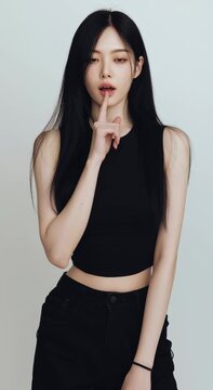 Una joven con un look minimalista y misterioso, posando con un gesto de silencio.
