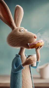 Un conejito antropom&oacute;rfico disfruta de un donut con una taza de caf&eacute;.