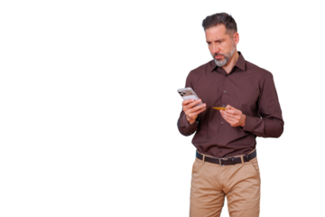 Man feeling skeptical or confused while holding a credit card and smartphone, online payment transaction doubts