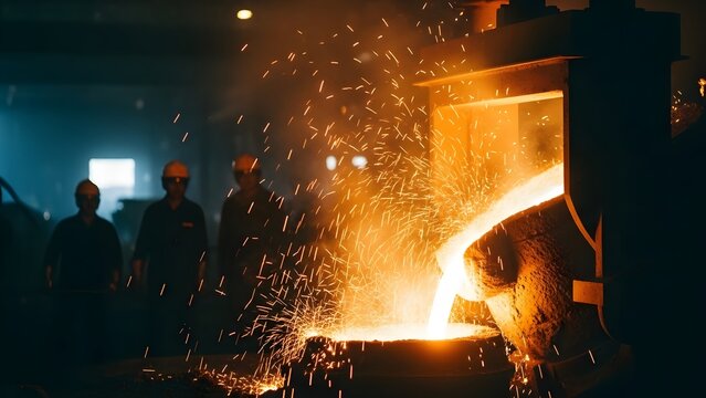 Molten metal is poured into a mold by workers in a foundry, with sparks flying. - Powered by Adobe