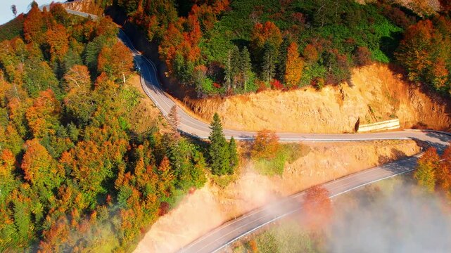 Mountain slope with colorful woods crossed by the wavy dangerous road. Fog crawls up to the rocks. The Caucasian Mountains, Georgia.