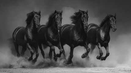 Black and white image depicts four running horses in motion, kicking up dust, with expressive manes and a dynamic pose