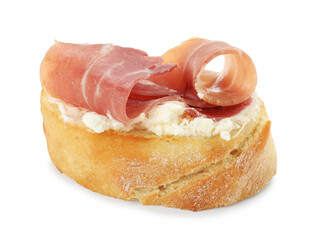 Delicious bruschetta with cream cheese and prosciutto isolated on white