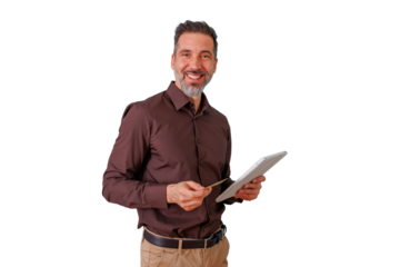 Smiling confident businessman presenting digital tablet information, holding stylus on transparent background