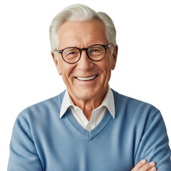 Fototapeta premium Smiling elderly man with glasses and blue sweater isolated on transparent background