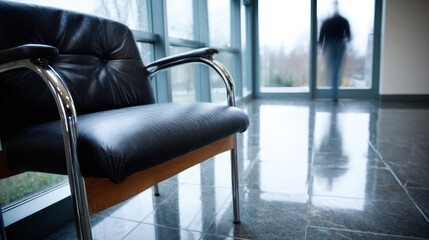 Black leather chair with chrome arms sits in a modern lobby. Blurred figure walks past the glass doors, creating a sense of movement and anticipation.