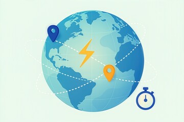 Fototapeta premium Global connectivity visualized through a stylized globe featuring location markers and vibrant lightning symbolism against a soft pastel backdrop illustrating technological progress