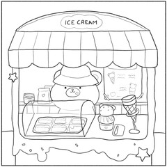 Cute Comfy Animal bear ice cream shop dessert time illustration for coloring book