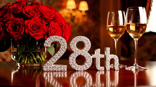 Video of the 28th birthday celebration, wedding anniversary, birthday, important day, couple, Valentine's Day, with red roses, wine glasses, and a shiny table. 	