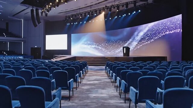 Empty Conference Hall With Large LED Screen And Rows Of Chairs Ready For Business Presentation Corporate Event Seminar And Technology Launch