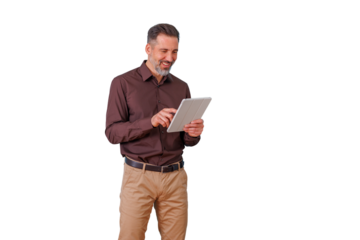 Smiling man using digital tablet for business communication, online browsing, and networking on transparent background