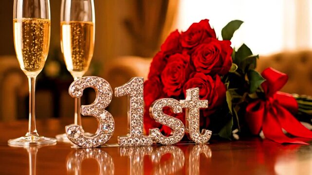 Video of the 31st birthday celebration, wedding anniversary, birthday, important day, couple, Valentine's Day, with red roses, wine glasses, and a shiny table. 	
