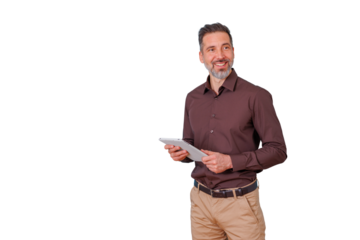 Confident man using a digital tablet for business communication and professional networking on transparent background