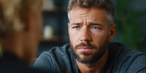 Obraz premium Man with blue eyes looking concerned during conversation