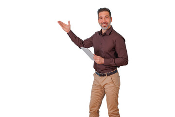 Professional man holding a tablet, giving a presentation, gesturing to the side, smiling confidently on a transparent background