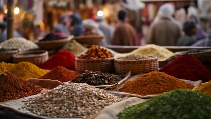 Colorful spices displayed in baskets at a bustling market. Vibrant ingredients showcasing culinary diversity and cultural richness