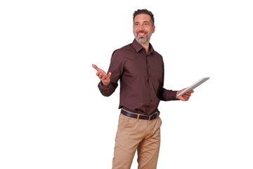 Businessman smiling, gesturing, and presenting with digital tablet, offering solutions, innovations, and opportunities on transparent background