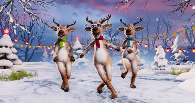 Christmas Party: funny reindeer dance on a winter holiday background. Animated video for greeting cards, festive events, and New Year&rsquo;s parties.