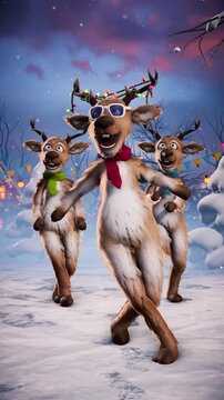 Christmas Party: funny reindeer dance on a winter holiday background. Animated video for greeting cards, festive events, and New Year&rsquo;s parties.