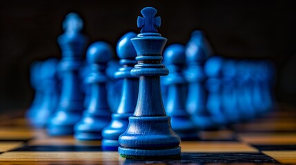 Chess pieces in blue color arranged on a wooden chess board during a competitive game in an indoor setting