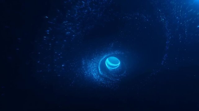 Abstract blue tunnel with glowing particles swirling around. Represents a journey through digital space and technology