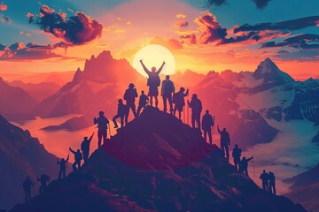 Hikers celebrate at sunset on a mountain peak with a vibrant sky and dramatic landscape