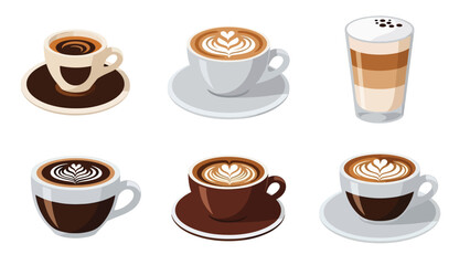 Vector illustration of assorted hot coffee drinks in cups and glasses, isolated on white background, featuring espresso, latte, cappuccino, and mocha, ideal for cafe menus, beverage icons