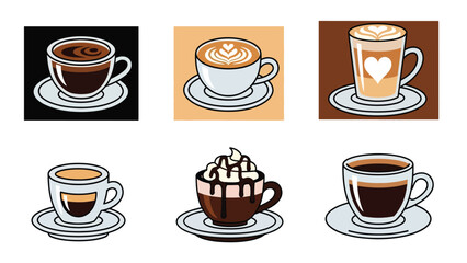 Vector illustration of assorted hot coffee drinks in cups and glasses, isolated on white background, featuring espresso, latte, cappuccino, and mocha, ideal for cafe menus, beverage icons