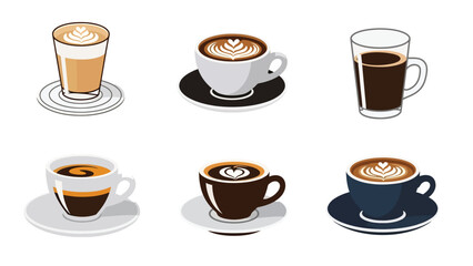 Vector illustration of assorted hot coffee drinks in cups and glasses, isolated on white background, featuring espresso, latte, cappuccino, and mocha, ideal for cafe menus, beverage icons
