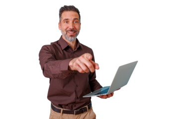 Businessman holding laptop pointing forward, smiling, choosing, recruiting, selecting, presenting technology, transparent background