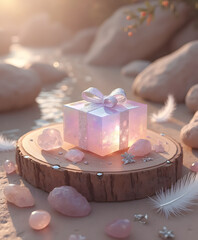 Glowing crystal gift box surrounded by rose quartz symbolizing spiritual abundance and self-love - AI generated