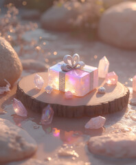 Glowing crystal gift box surrounded by rose quartz symbolizing spiritual abundance and self-love - AI generated