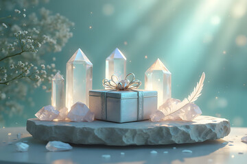 White gift box on stone podium with clear quartz and feather symbolizing spiritual clarity and angelic guidance - AI generated