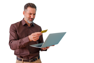 Man feeling skeptical and confused about online payment, shopping or financial debt using laptop and credit card