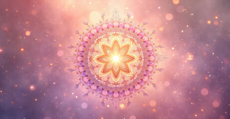 Radiant pink mandala in cosmic clouds representing divine love and compassion - AI generated