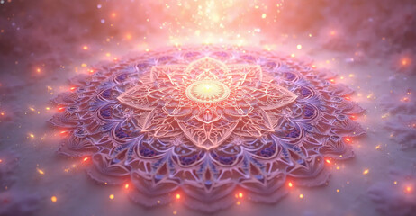 Radiant pink mandala in cosmic clouds representing divine love and compassion - AI generated