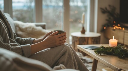Cozy home scene with person holding steaming hot drink, relaxing, peaceful winter mood, warm light, comfort, hygge, self-care, natural decor, indoor lifestyle, mindfulness, wellbeing