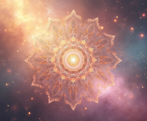 Radiant pink mandala in cosmic clouds representing divine love and compassion - AI generated