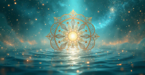 Glowing turquoise mandala with golden light symbolizing healing energy and inner clarity - AI generated