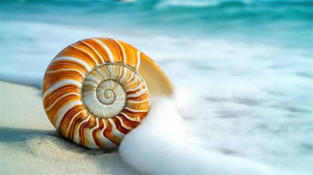 Discovering the beauty of a nautilus shell resting gently on the shore as waves embrace the sandy beach at sunset