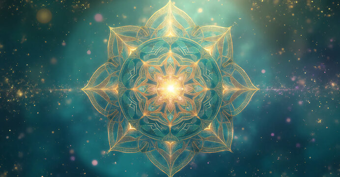 Glowing turquoise mandala with golden light symbolizing healing energy and inner clarity - AI generated