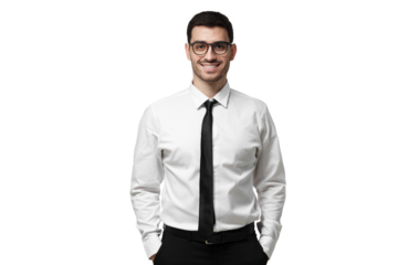 Frontal portrait of a young businessman in a white shirt and black tie, hands in pockets