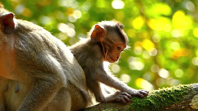 Baby monkey sitting on a tree branch with parent in natural tropical environment